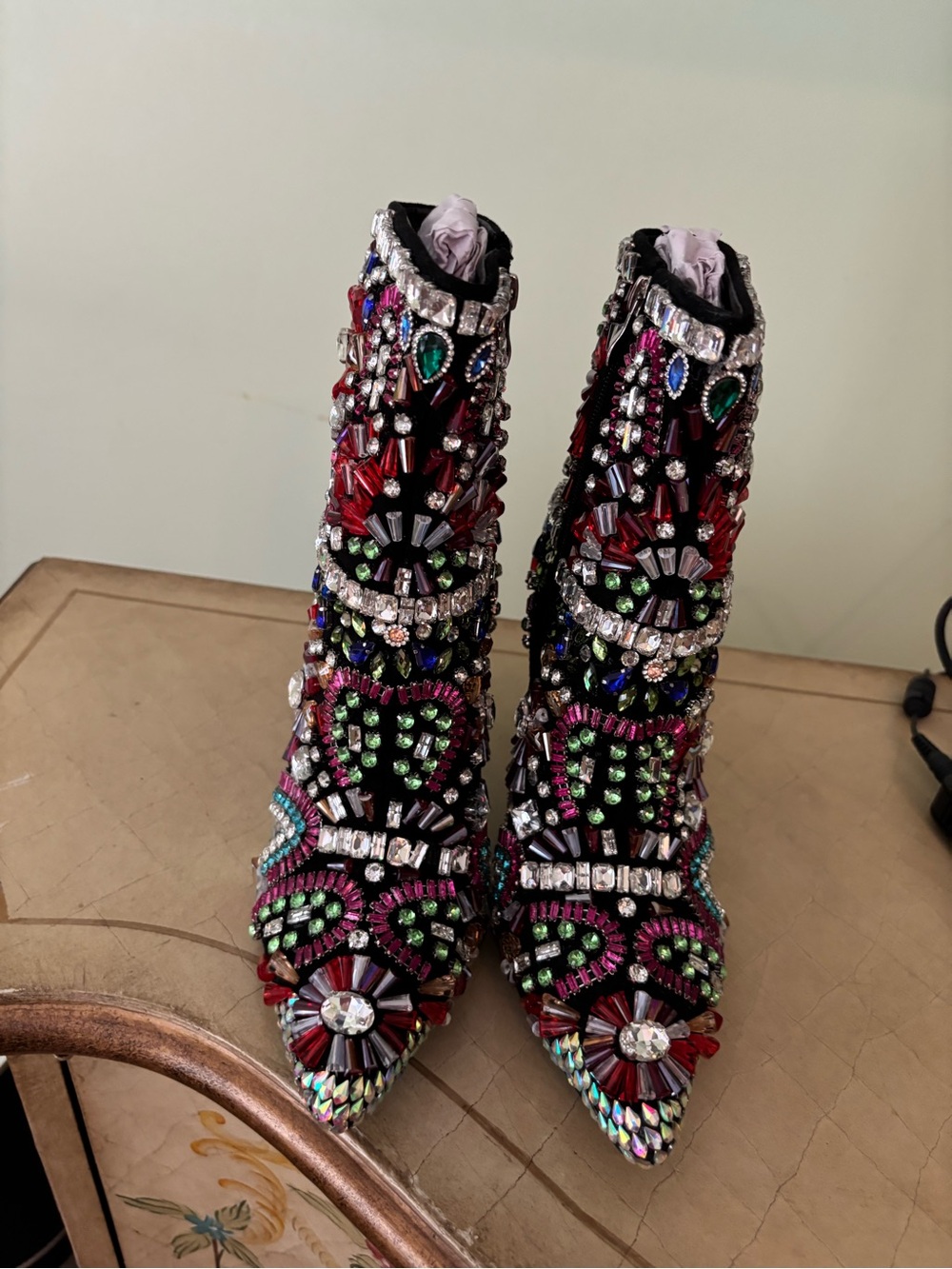 Embellished Multicolor Pointed Ankle Boots